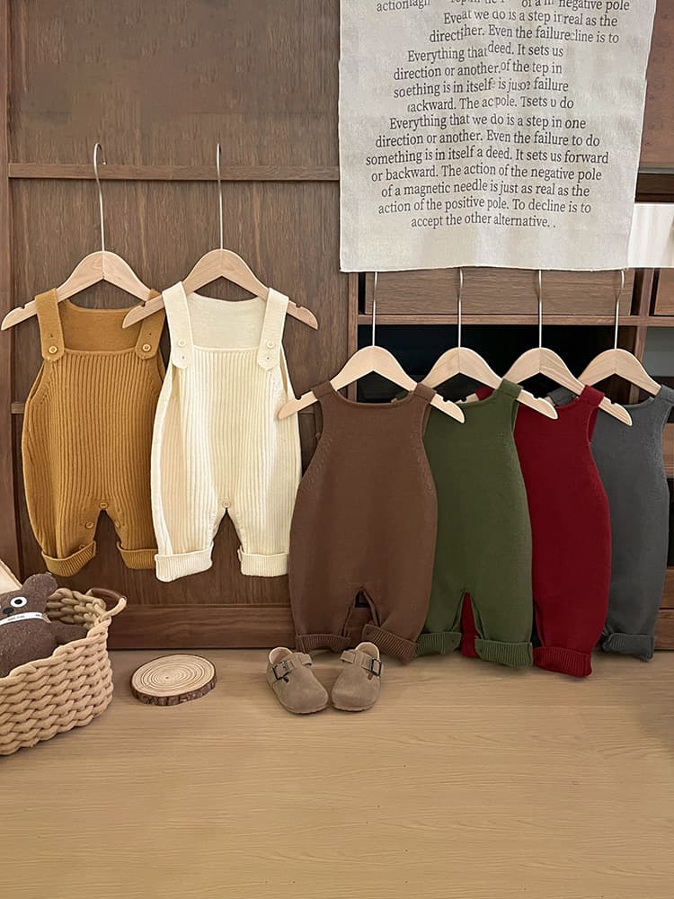 キッズファッション パンツ リブ編みニットサロペットパンツ