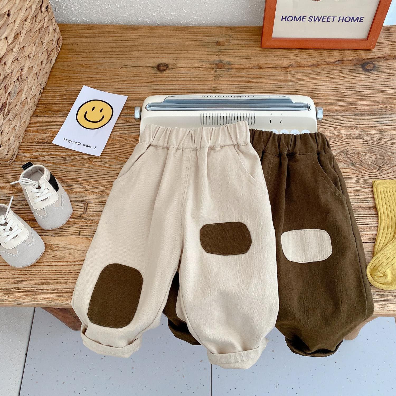 キッズファッション パンツ 可愛い膝あて付きゆったりサルエル風ベビーパンツ