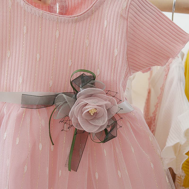キッズファッション ドレス お花のリボン付きチュールプリンセスドレス