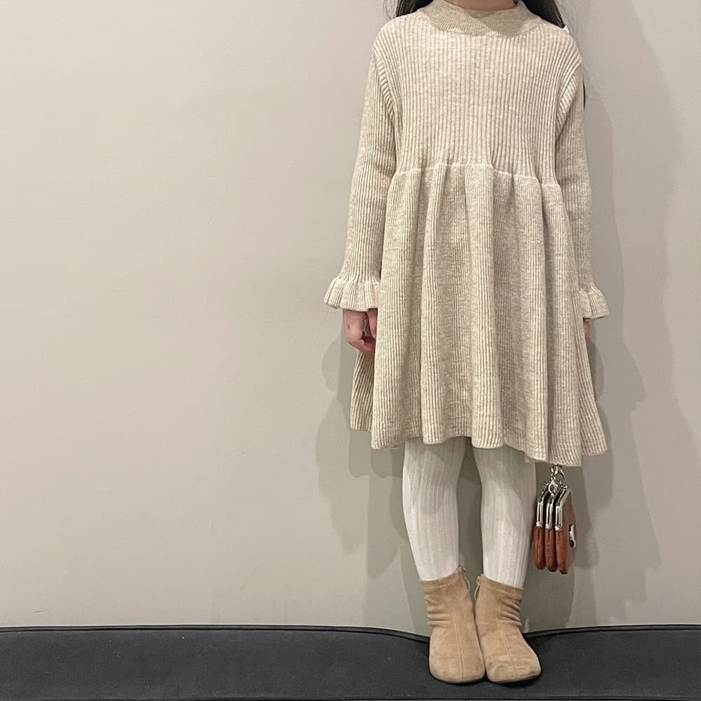 キッズファッション ワンピース リブ編み長袖ふんわりフレア袖ワンピース