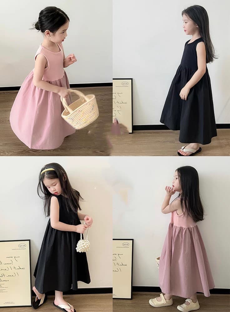 キッズファッション ワンピース 上品切り替えノースリーブロング丈女の子ワンピース