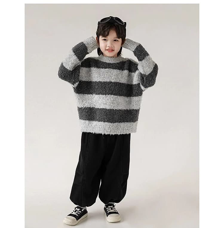キッズファッション ニット ふわふわボーダー柄長袖セーター