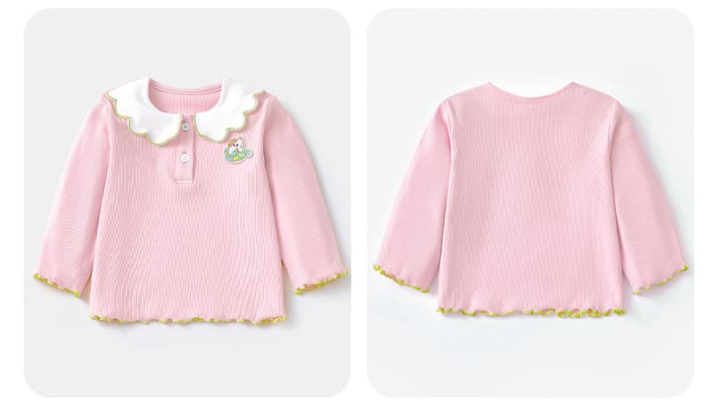 キッズファッション Tシャツ 子犬刺繍つきスカラップ襟長袖トップス