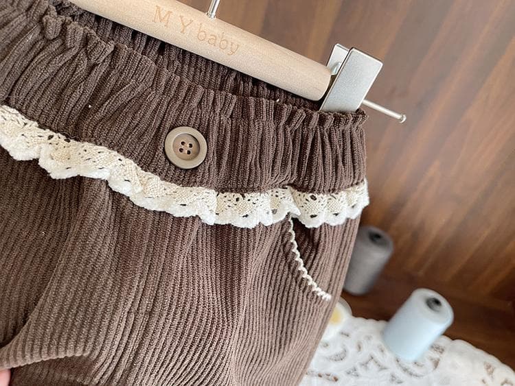 キッズファッション パンツ レース付きコーデュロイブルマ風パンツ