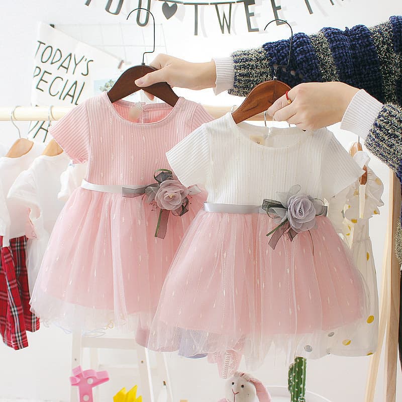 キッズファッション ドレス お花のリボン付きチュールプリンセスドレス