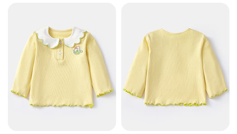 キッズファッション Tシャツ 子犬刺繍つきスカラップ襟長袖トップス