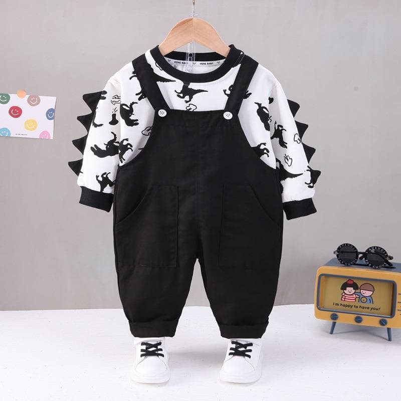 キッズファッション パンツ 恐竜プリント長袖トップス付きサロペットセット