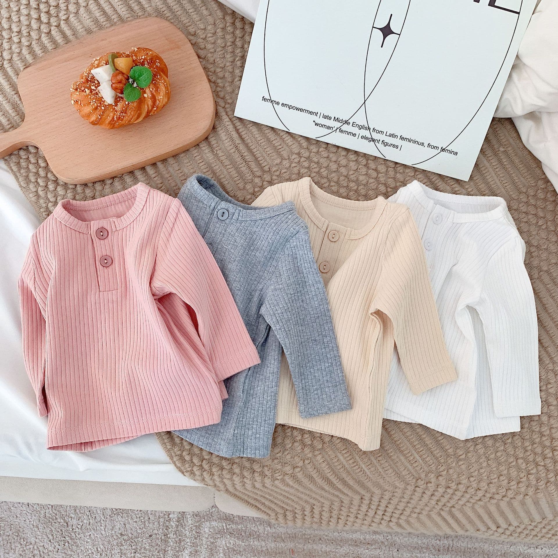 キッズファッション シャツ 縦縞編み長袖ヘンリーネック子供用シャツ