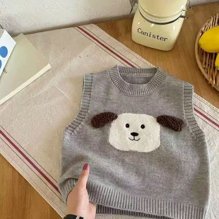 キッズファッション ニット 愛らしい子犬顔ワンポイント袖なしニットベスト