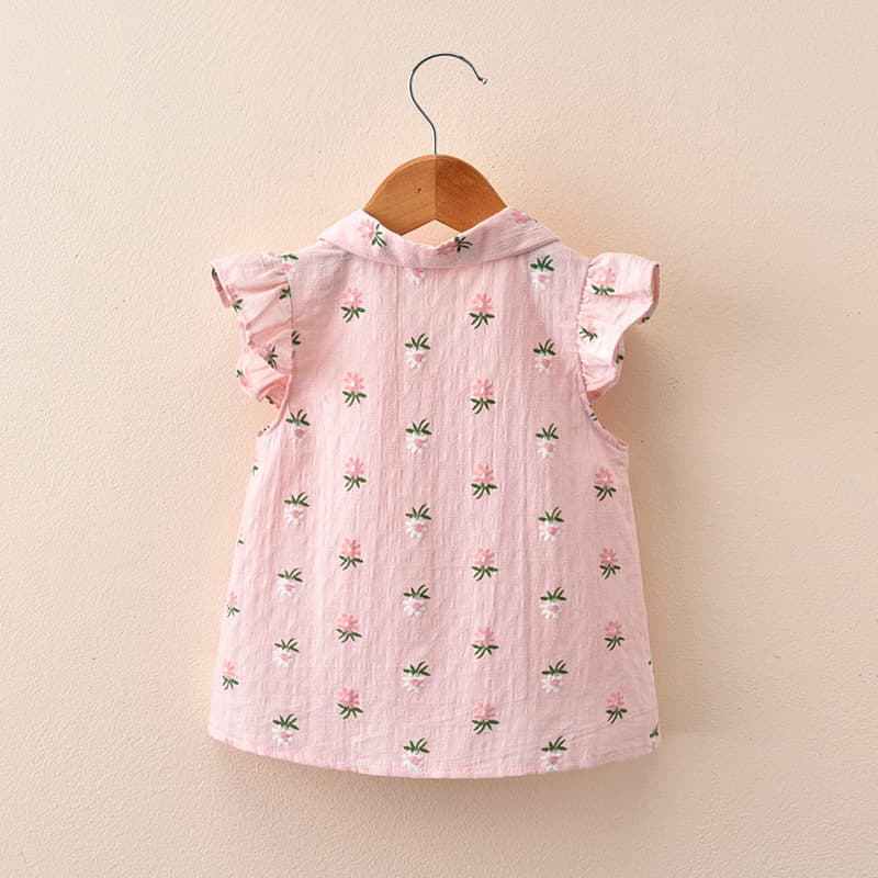 キッズファッション ワンピース 小花柄フリル袖シャツワンピース