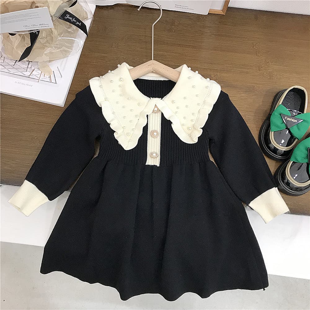 キッズファッション ワンピース 小花柄大襟ニットワンピース