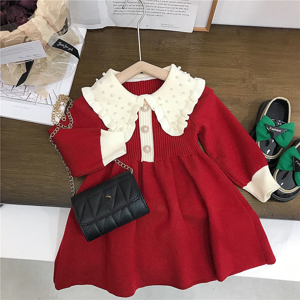 キッズファッション ワンピース 小花柄大襟ニットワンピース