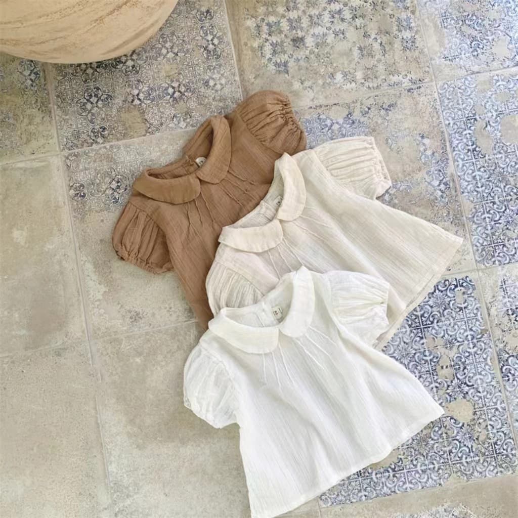 キッズファッション シャツ 女の子用丸襟パフスリーブ半袖シャツ