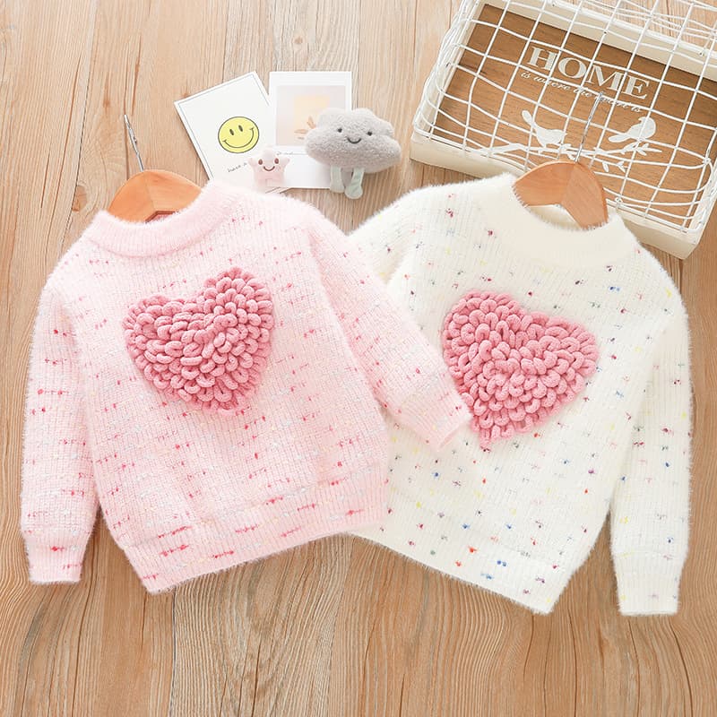 キッズファッション ニット ふわふわハート立体編み込み長袖セーター