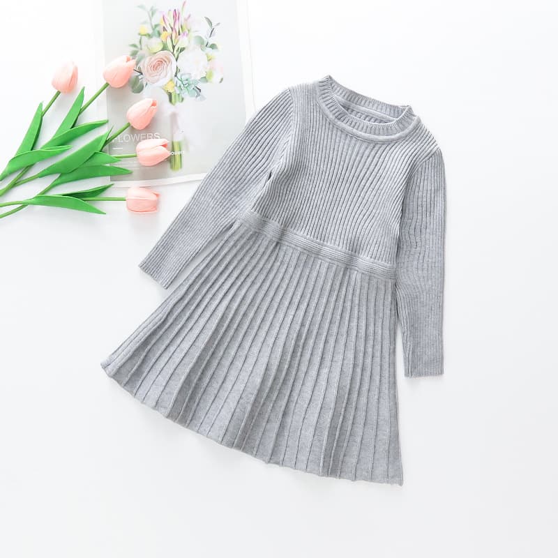 キッズファッション ワンピース 女の子用リブニット長袖プリーツワンピース