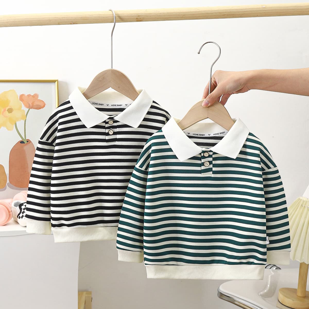 キッズファッション Tシャツ 襟付きボーダー柄長袖トップス