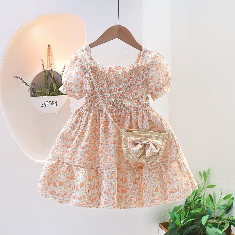 キッズファッション ドレス 花柄シャーリング半袖ワンピース かごバッグ付き