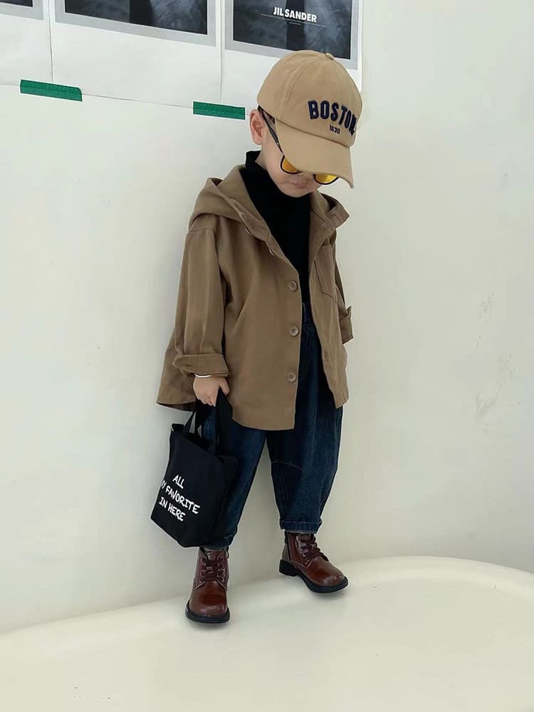 キッズファッション シャツ フード付きボタン留めオーバーサイズシャツジャケット