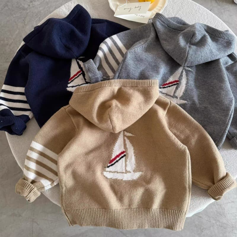 キッズファッション ニット ヨット刺繍入りフード付きニット