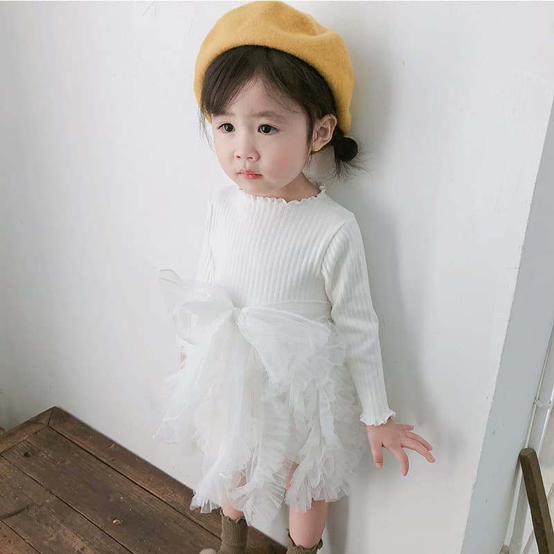 キッズファッション ワンピース ふわふわ花びら重ねリブニット長袖ワンピース