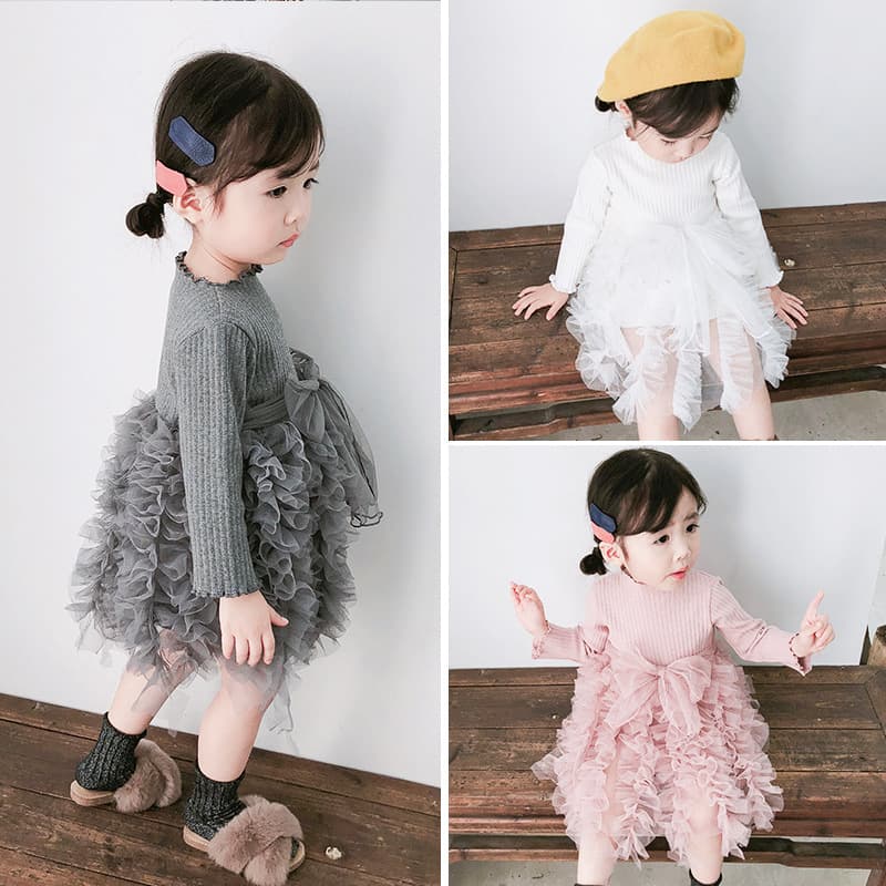 キッズファッション ワンピース ふわふわ花びら重ねリブニット長袖ワンピース