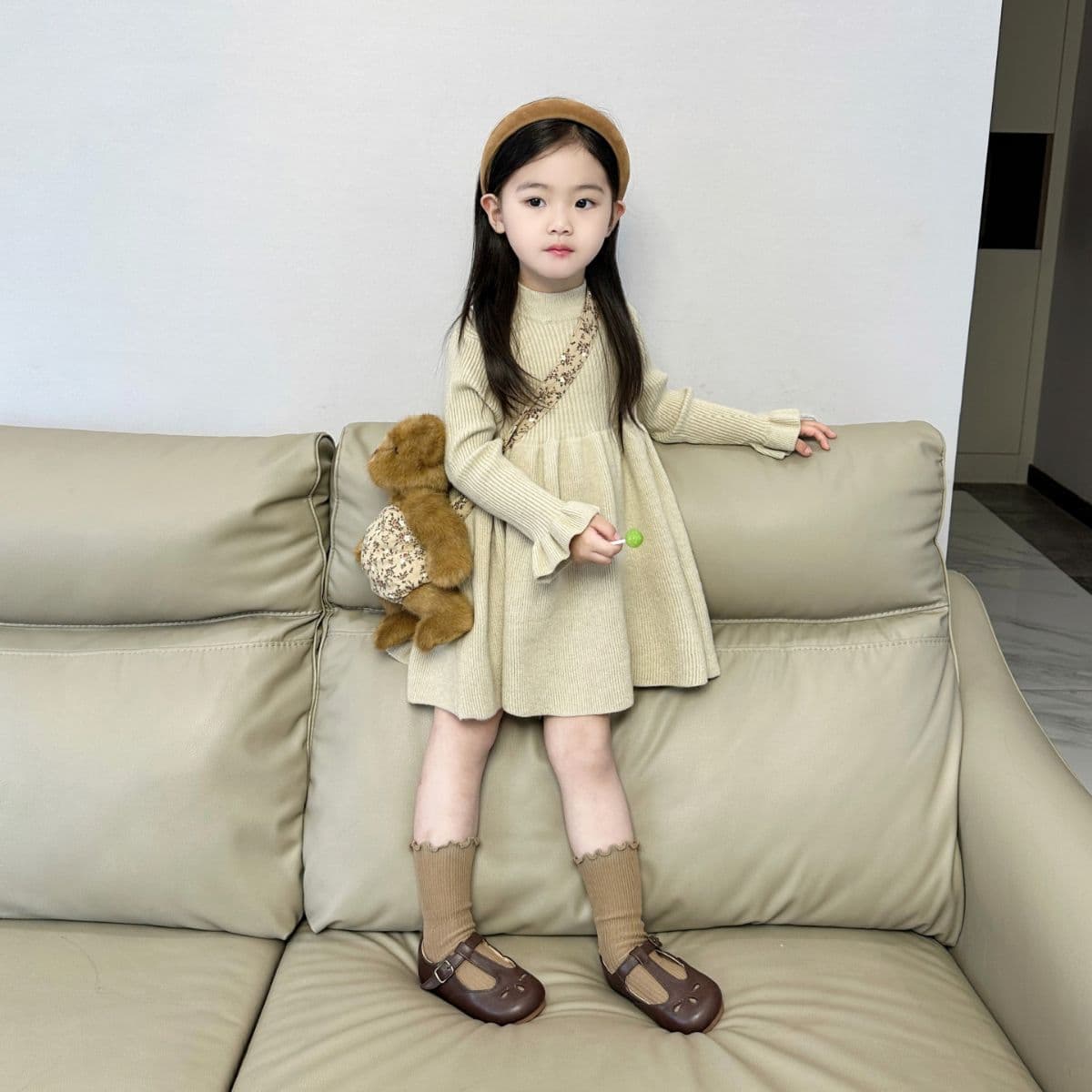 キッズファッション ワンピース リブニット長袖ハイネックフレアワンピース