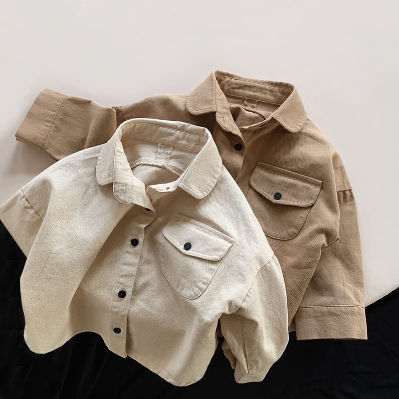 キッズファッション シャツ ナチュラルコットン胸ポケット付き長袖シャツ