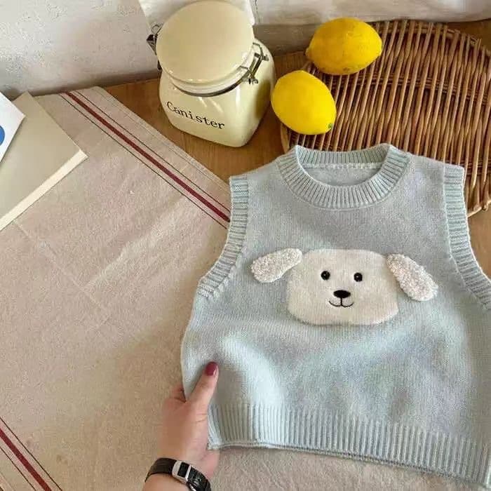 キッズファッション ニット 愛らしい子犬顔ワンポイント袖なしニットベスト