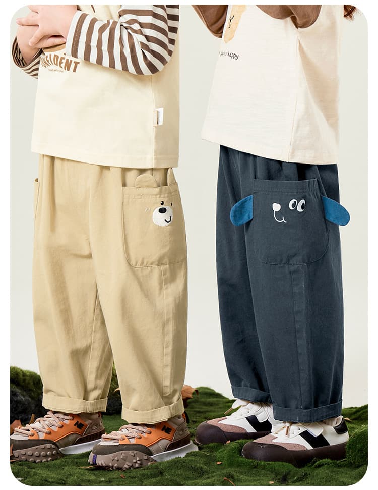 キッズファッション パンツ 動物刺繍付きゆったりロールアップパンツ