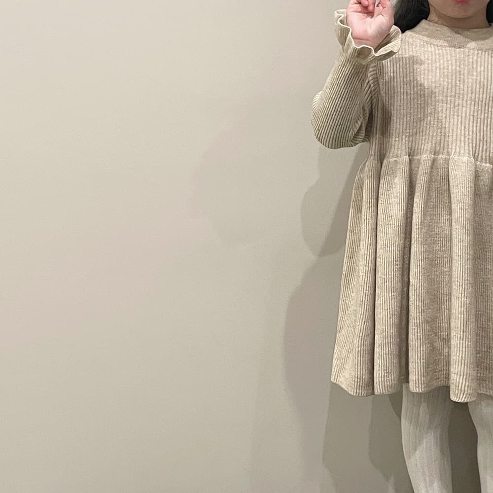 キッズファッション ワンピース リブ編み長袖ふんわりフレア袖ワンピース