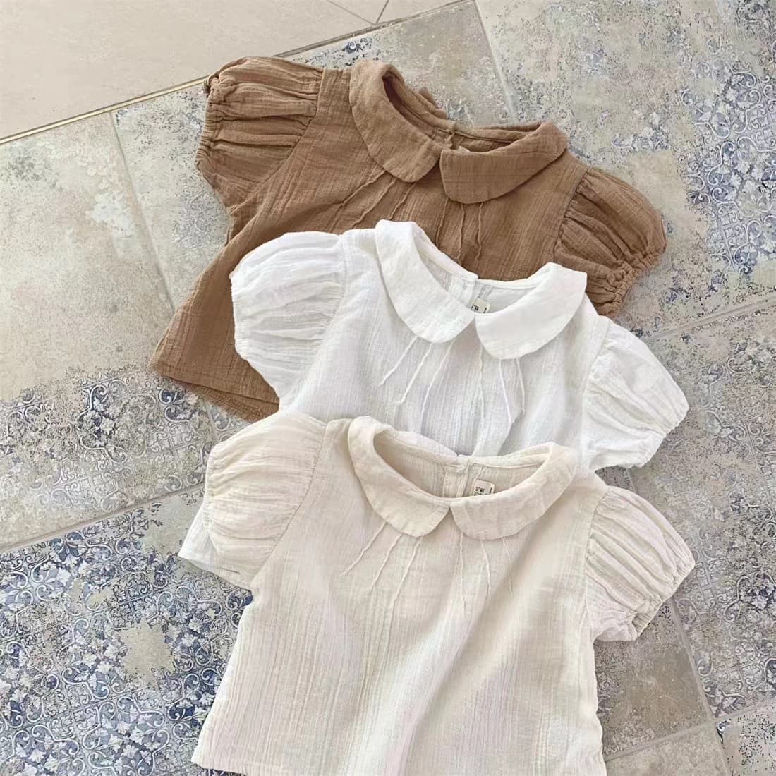 キッズファッション シャツ 女の子用丸襟パフスリーブ半袖シャツ