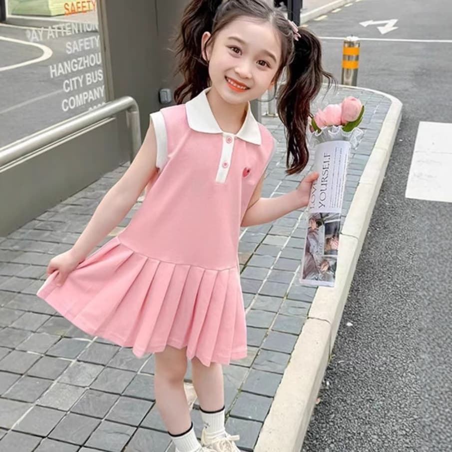 キッズファッション ワンピース 襟つき半袖プリーツスカート付きポロシャツワンピース