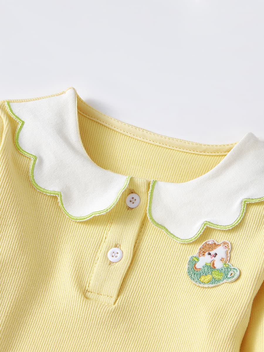 キッズファッション Tシャツ 子犬刺繍つきスカラップ襟長袖トップス