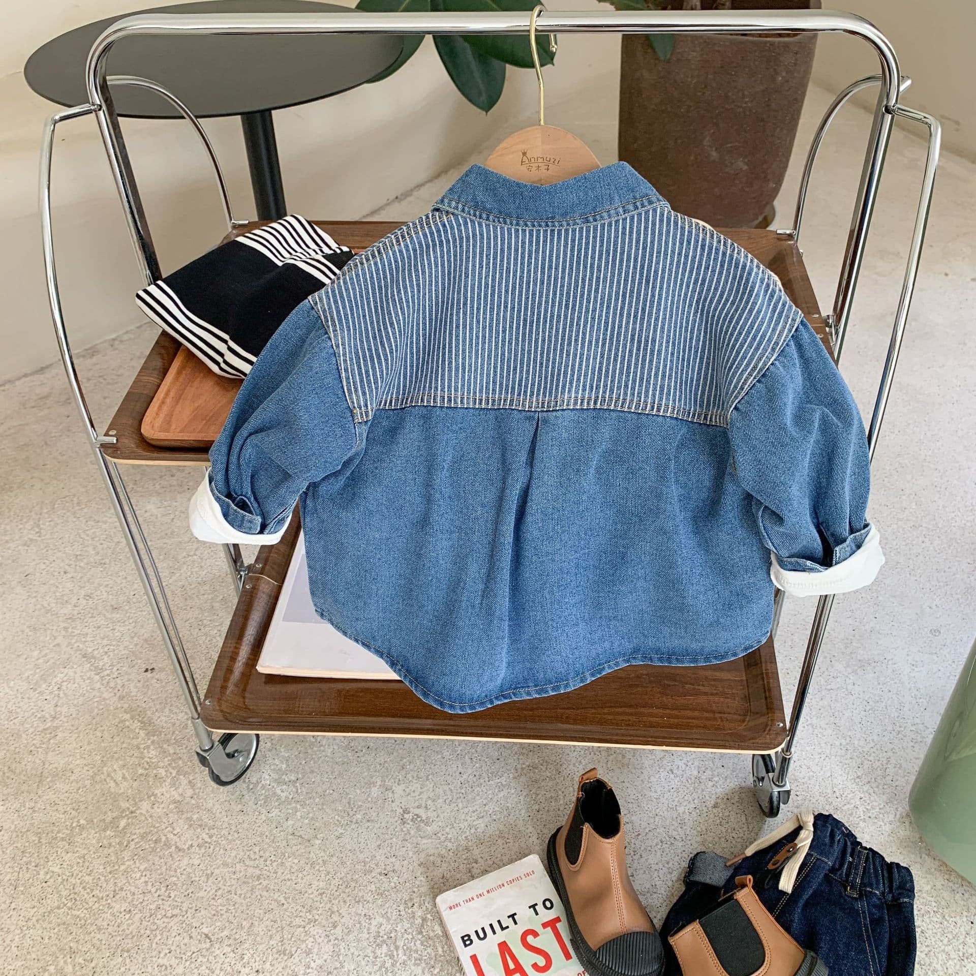キッズファッション シャツ 子供用縦縞デニム長袖シャツ