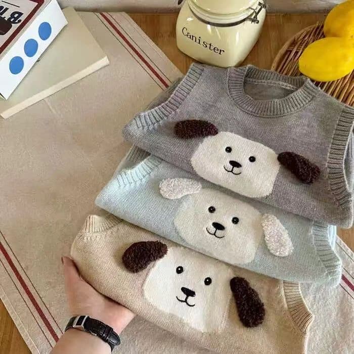キッズファッション ニット 愛らしい子犬顔ワンポイント袖なしニットベスト