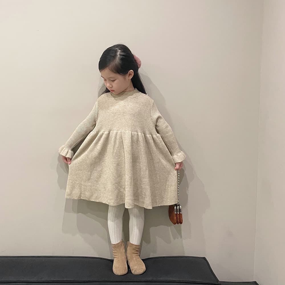 キッズファッション ワンピース リブ編み長袖ふんわりフレア袖ワンピース