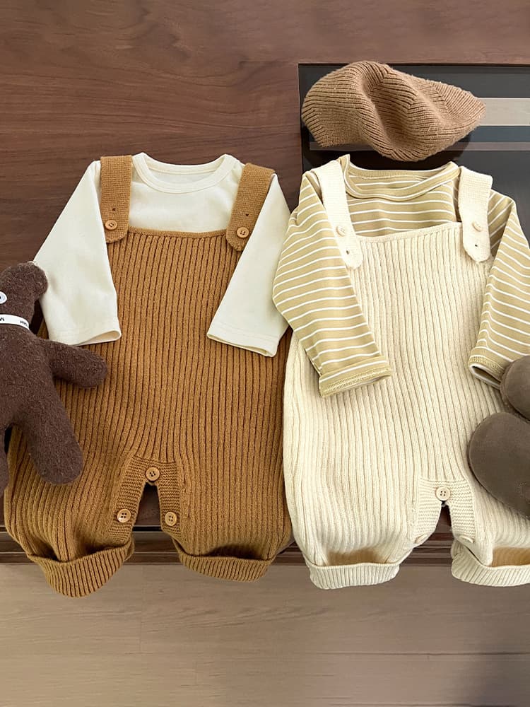 キッズファッション パンツ リブ編みニットサロペットパンツ