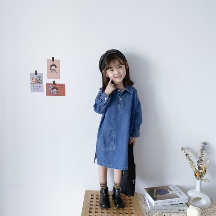 キッズファッション ワンピース デニム風ポロ襟長袖ワンピース