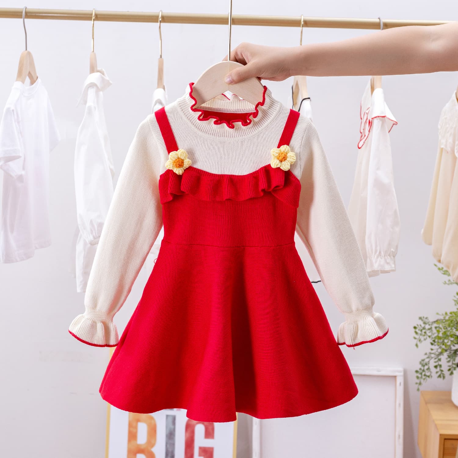 キッズファッション ワンピース 花飾り付きニット重ね着風長袖ワンピース