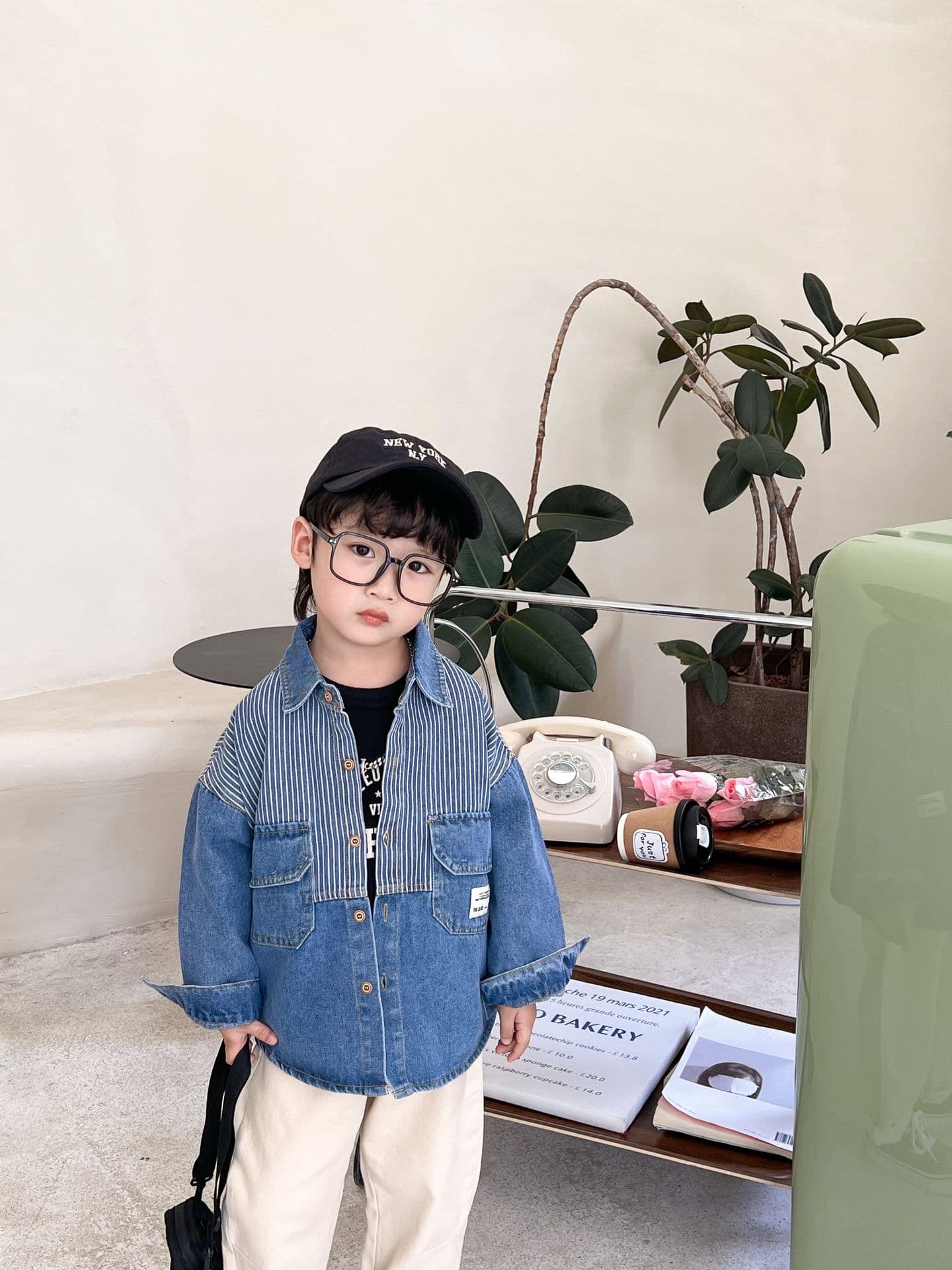 キッズファッション シャツ 子供用縦縞デニム長袖シャツ