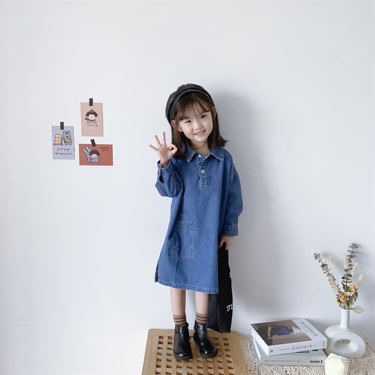 キッズファッション ワンピース デニム風ポロ襟長袖ワンピース