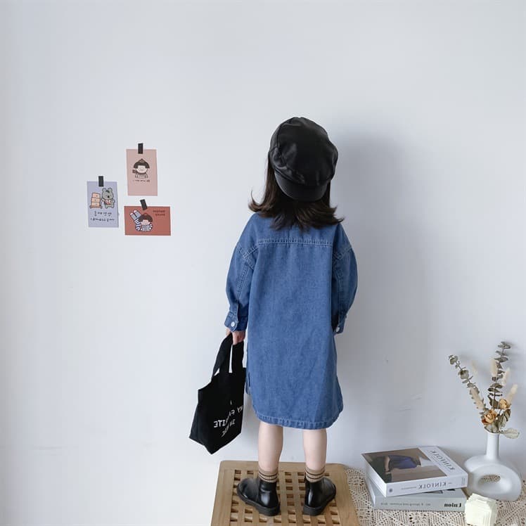 キッズファッション ワンピース デニム風ポロ襟長袖ワンピース