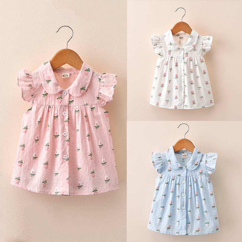 キッズファッション ワンピース 小花柄フリル袖シャツワンピース