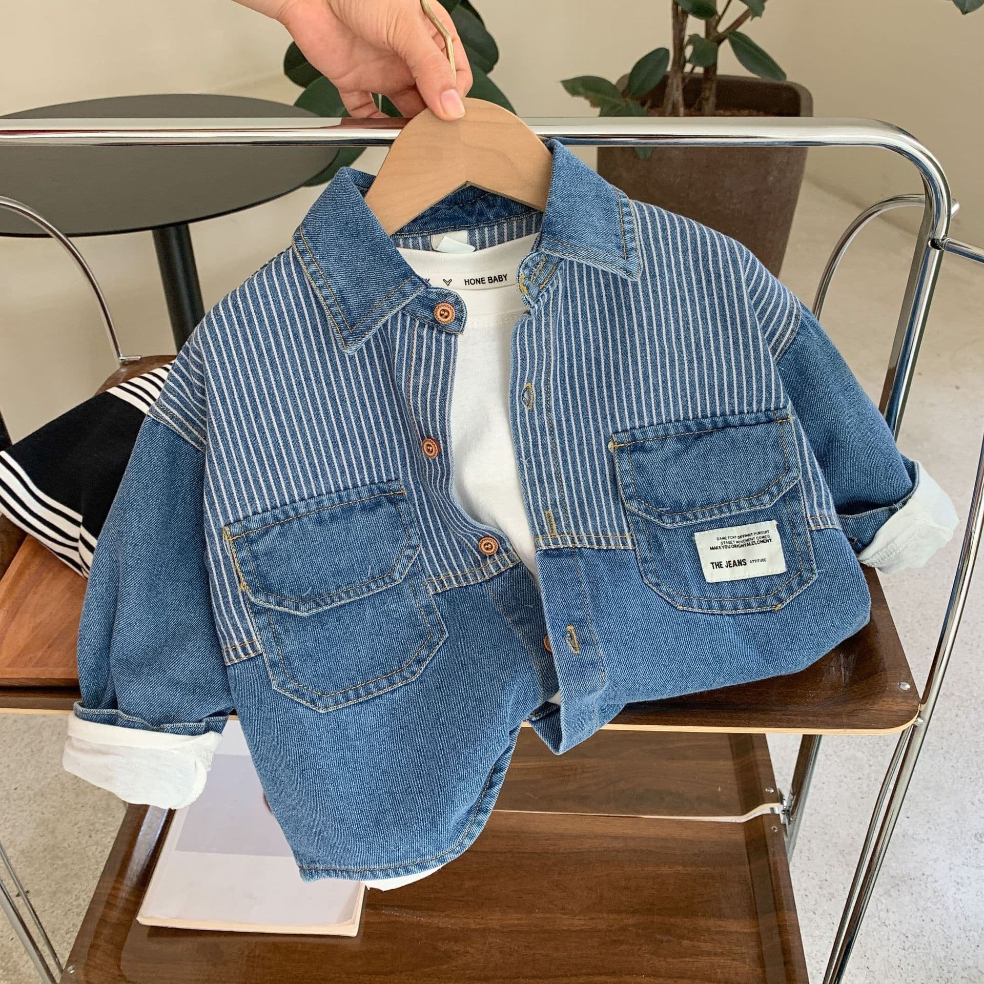 キッズファッション シャツ 子供用縦縞デニム長袖シャツ