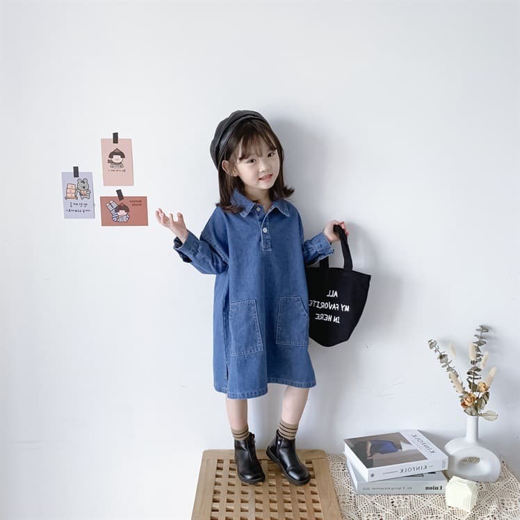 キッズファッション ワンピース デニム風ポロ襟長袖ワンピース