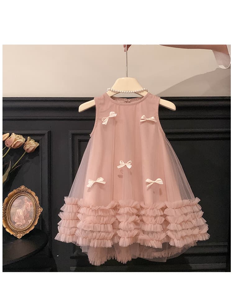 キッズファッション ドレス 小花リボン付きふわふわチュール姫様ドレス