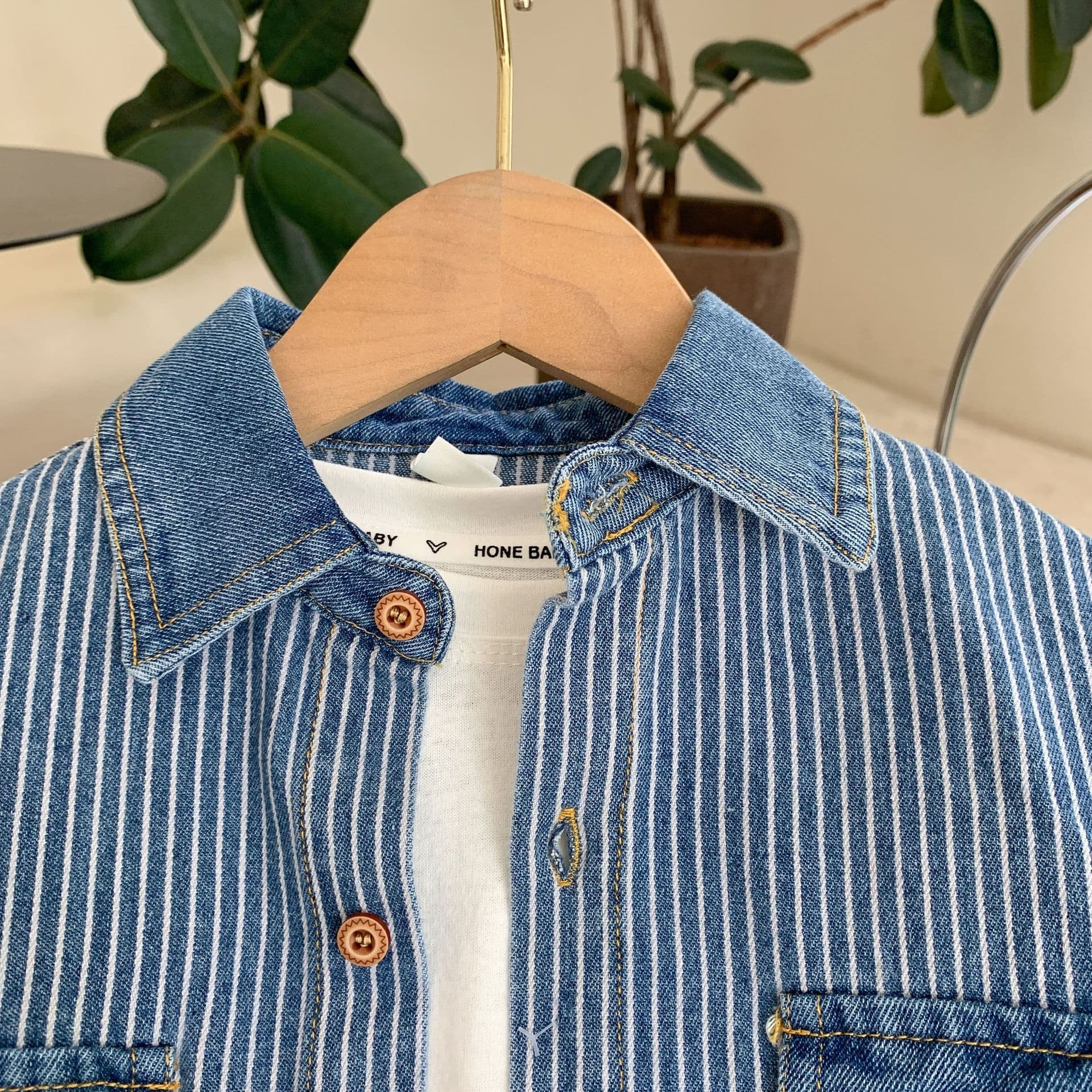 キッズファッション シャツ 子供用縦縞デニム長袖シャツ