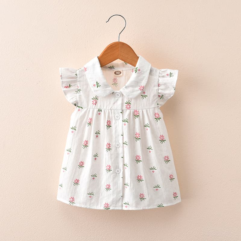 キッズファッション ワンピース 小花柄フリル袖シャツワンピース