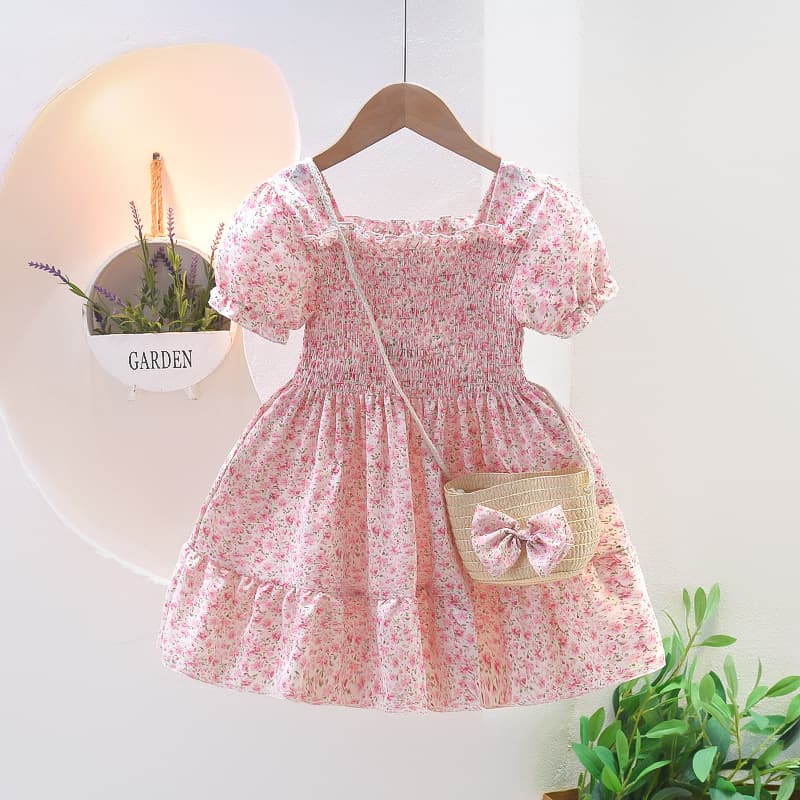 キッズファッション ドレス 花柄シャーリング半袖ワンピース かごバッグ付き