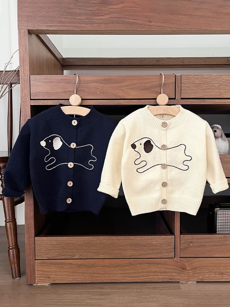 キッズファッション ニット 可愛い子犬刺繍の前開きカーディガン